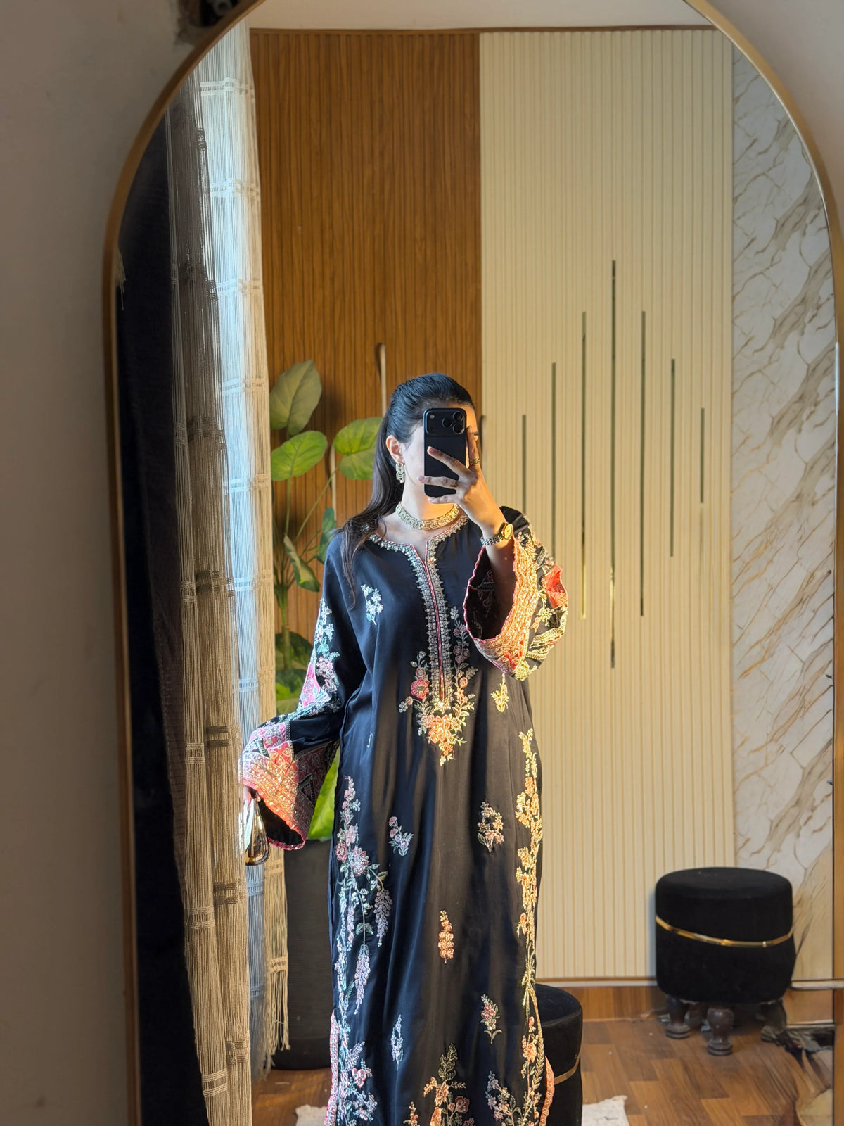 Black embroidered viscose kaftan dress with coral floral embroidery – front view