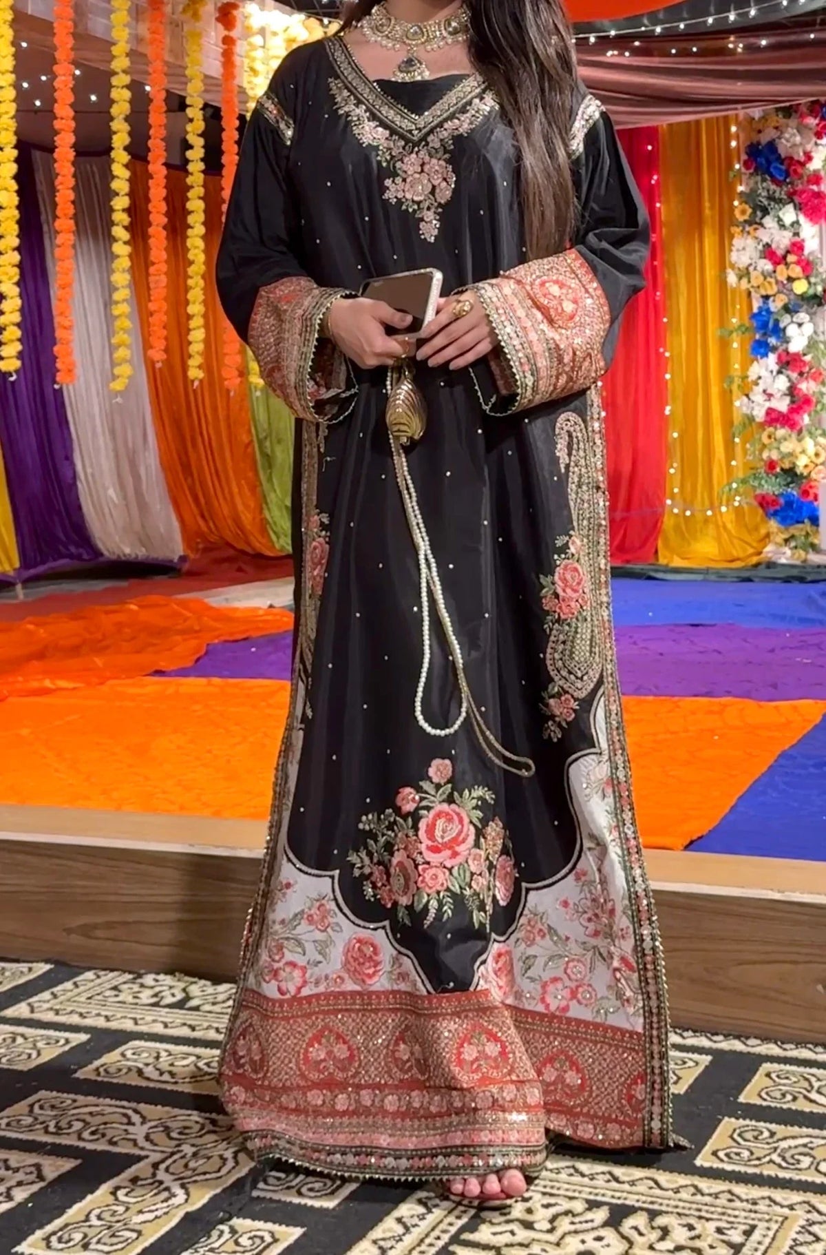 Sabeen – Black Embroidered Silk Kaftan – Nehal Pret – view 2