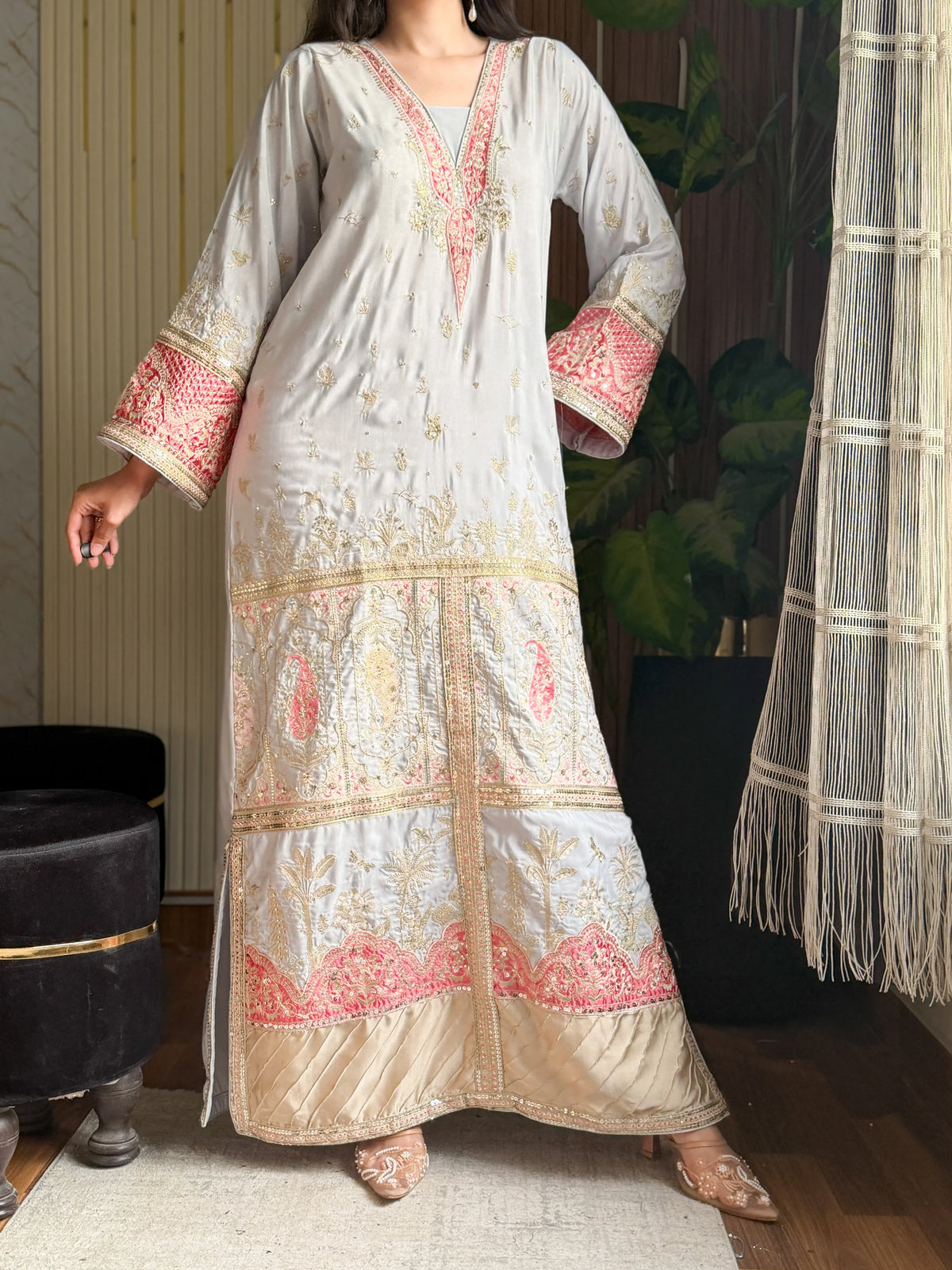 Aiza – Grey Embroidered Viscose Kaftan – Nehal Pret – view 2