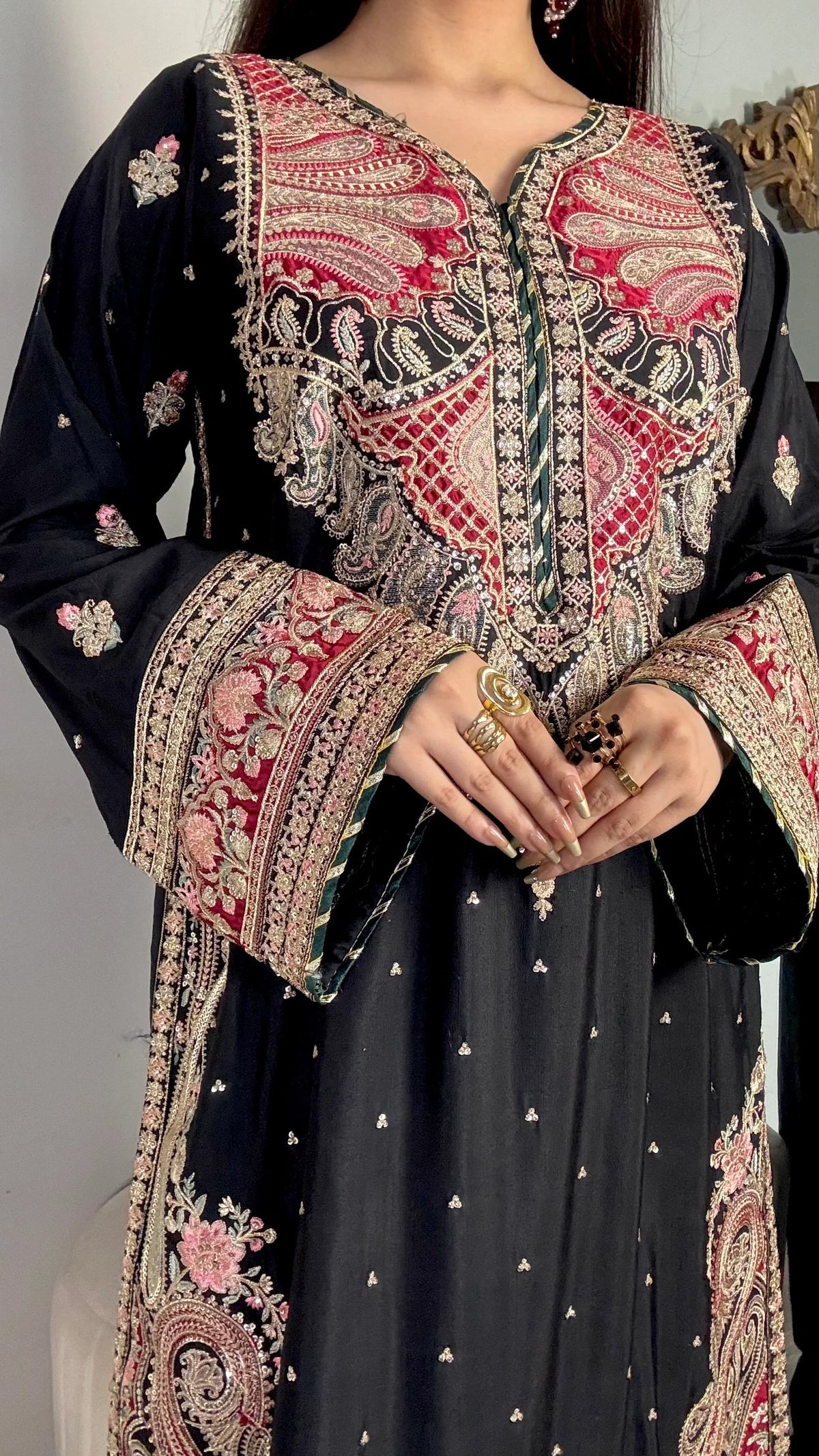 Alishba – Black Embroidered Viscose Kaftan – Nehal Pret – view 6