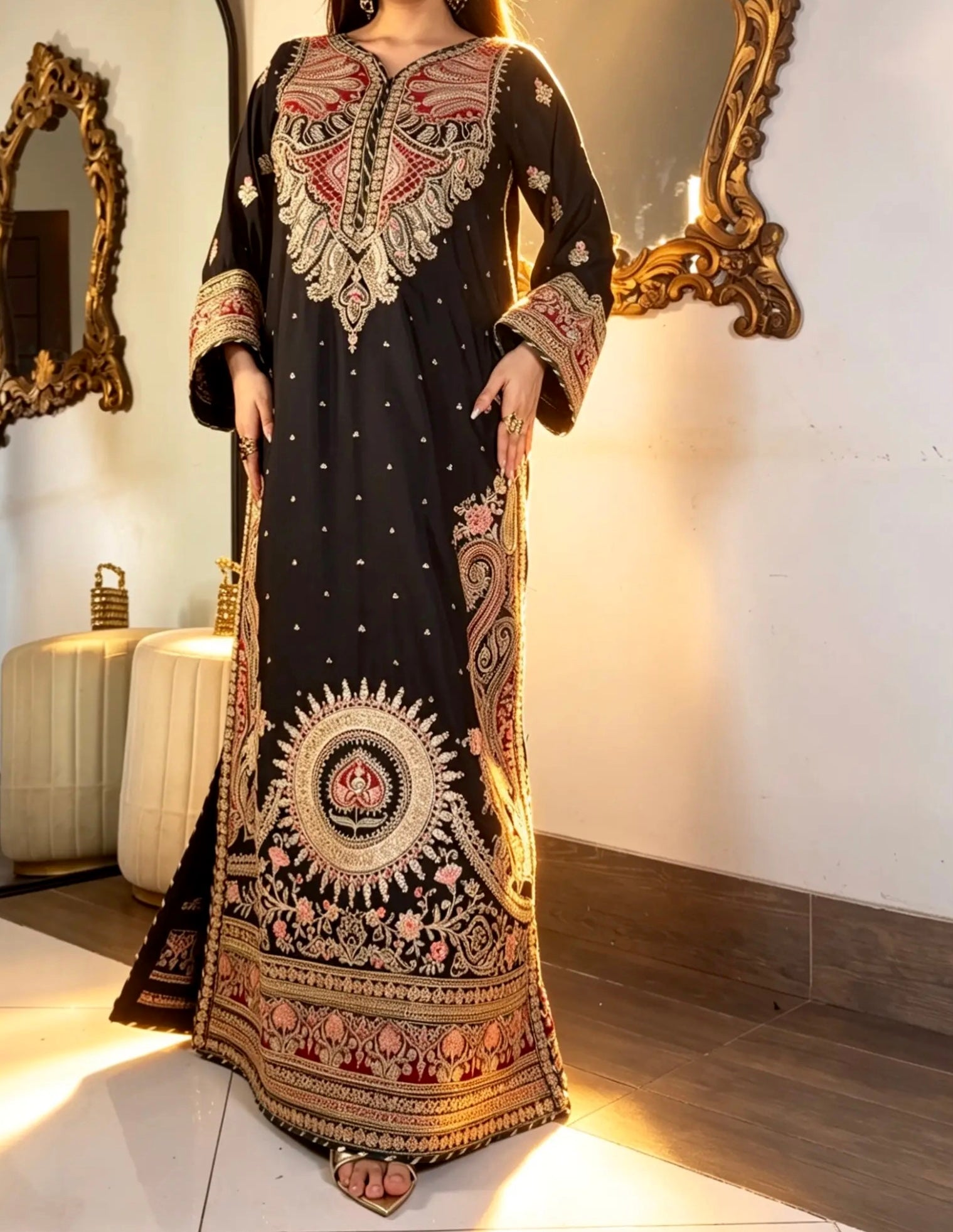 Alishba – Black Embroidered Viscose Kaftan – Nehal Pret – view 2